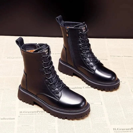 Luxuriöse, langlebige, modische schwarze Leder-Winterstiefel für Damen