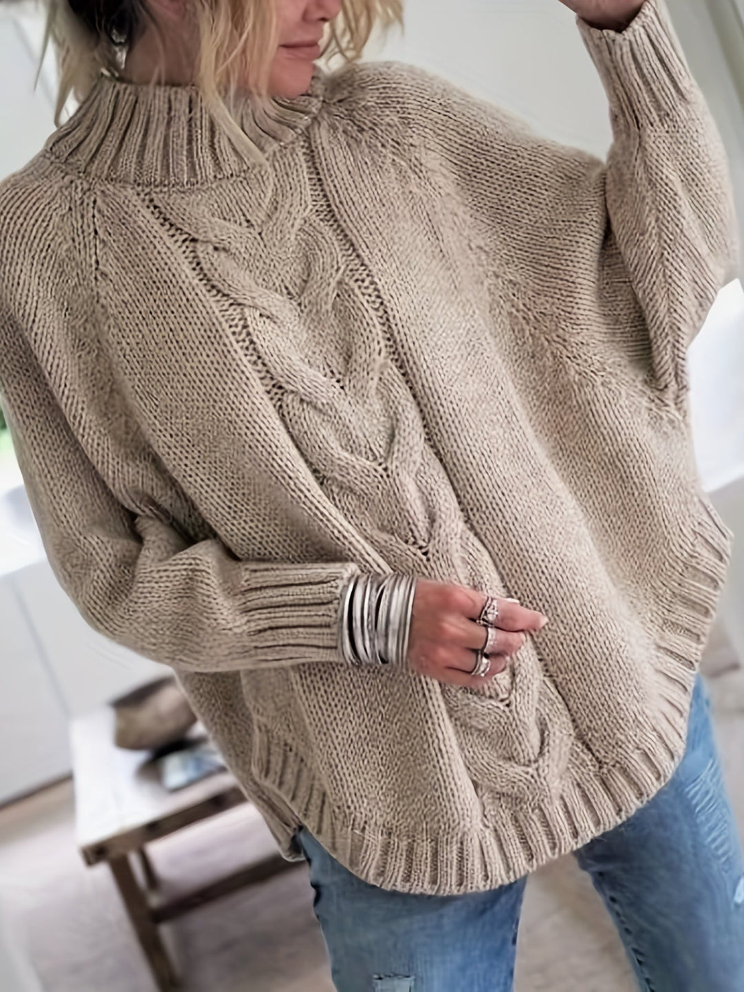 Gemütlicher, übergroßer, eleganter Zopfmuster-Pullover für Damen